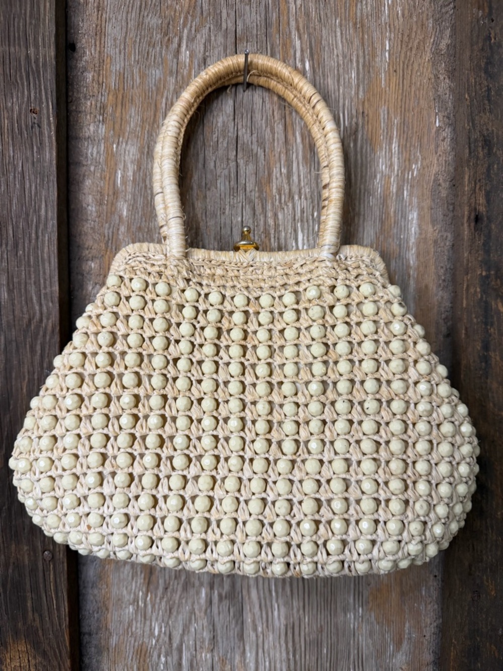 VTG 50s Ivey’s MCM Ivory Straw Rafia Beaded Purse Handbag Made in Italy